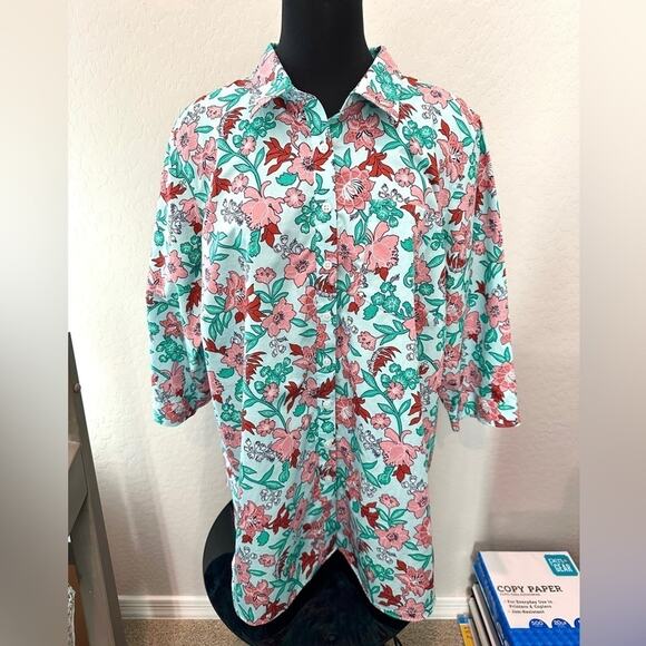LANDS’ END Floral Button-Down Shirt Aqua Pink Red Print 100% Cotton | 22W - Picture 3 of 8